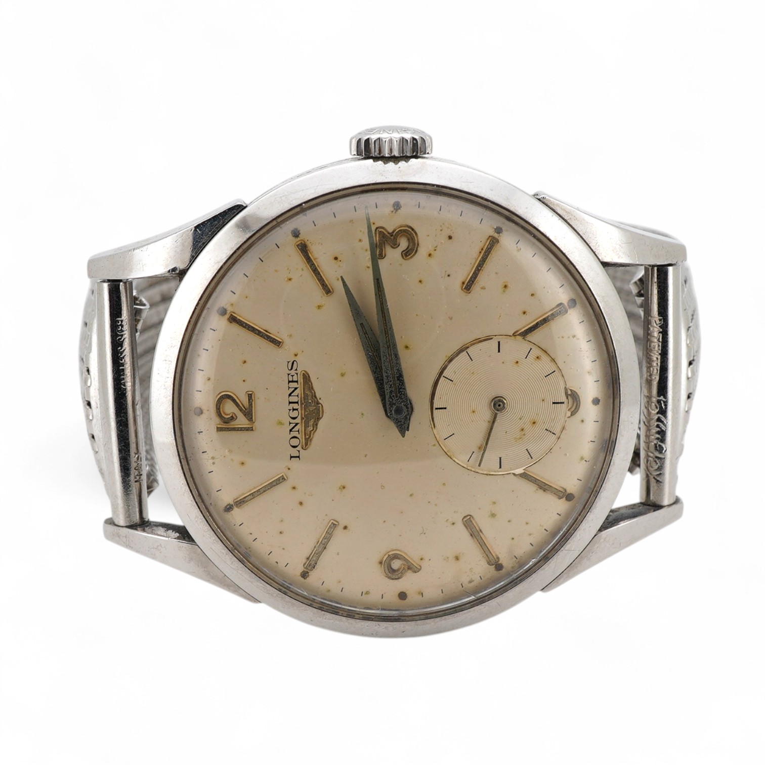 A gentleman's stainless steel Longines manual wind wrist watch, with baton and quarterly Arabic numerals and subsidiary seconds, case diameter 35mm, on an associated flexible strap.